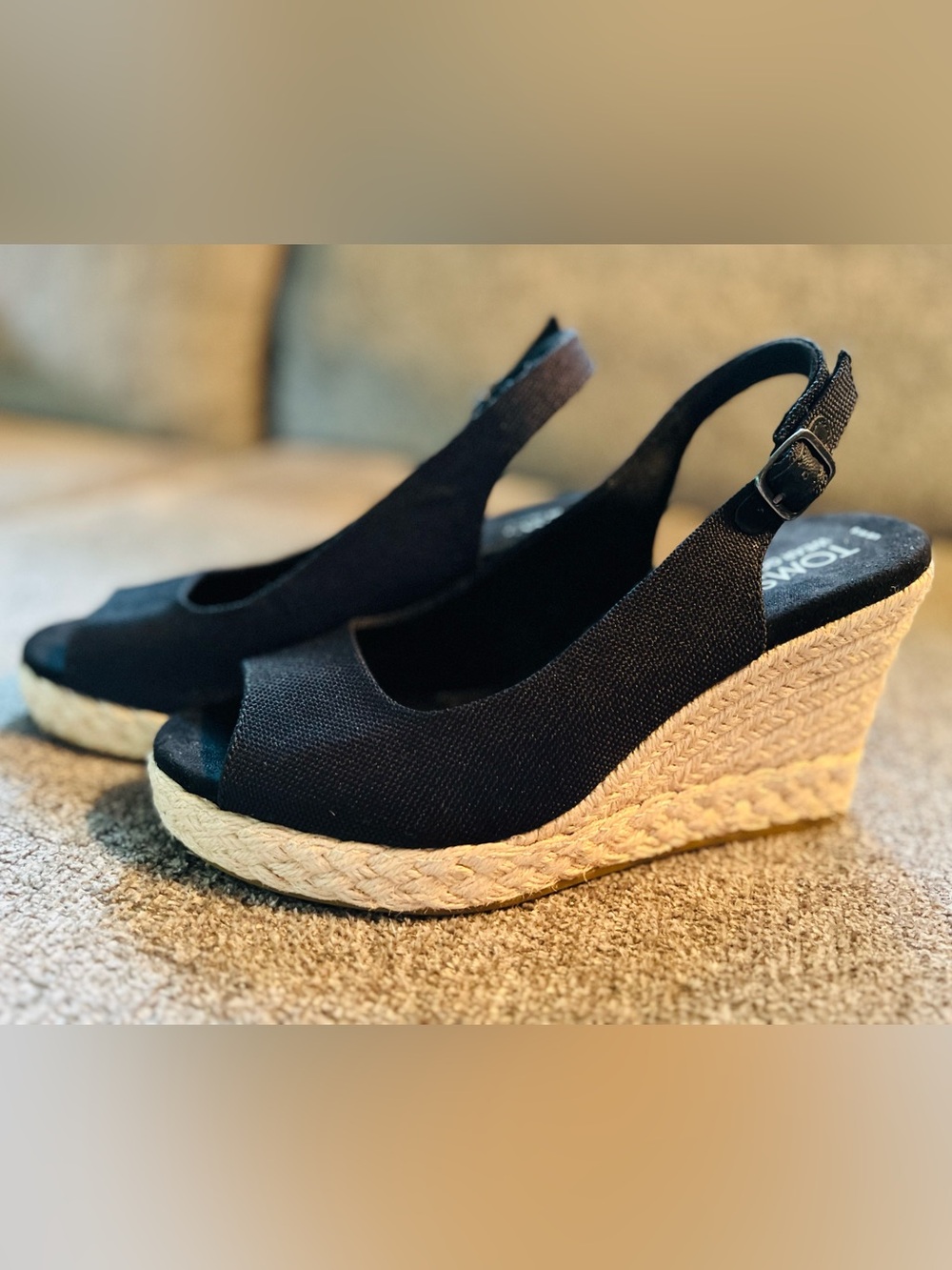 TOMS Camilla Slingback Espadrille Peep Toe Platform Wedge Sandal in Black Size 8 - Picture 2 of 5
